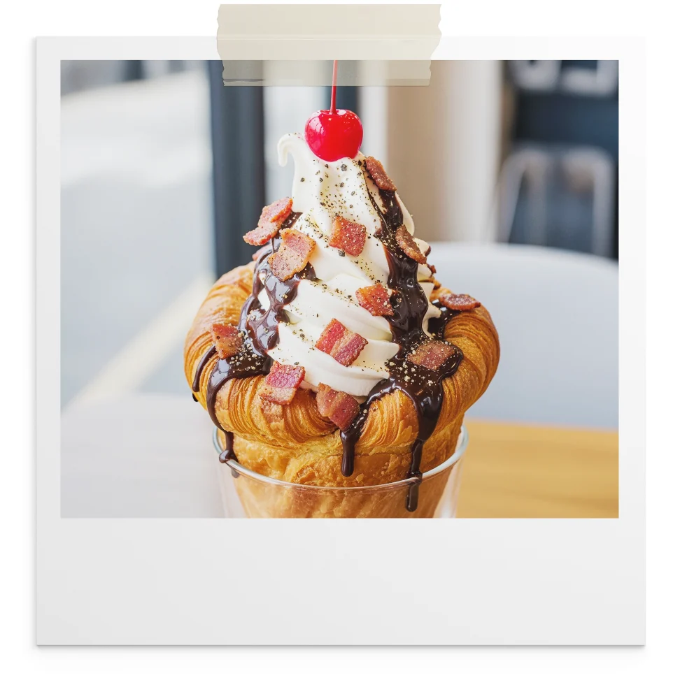Croissant cone sundae with candied bacon and a cherry