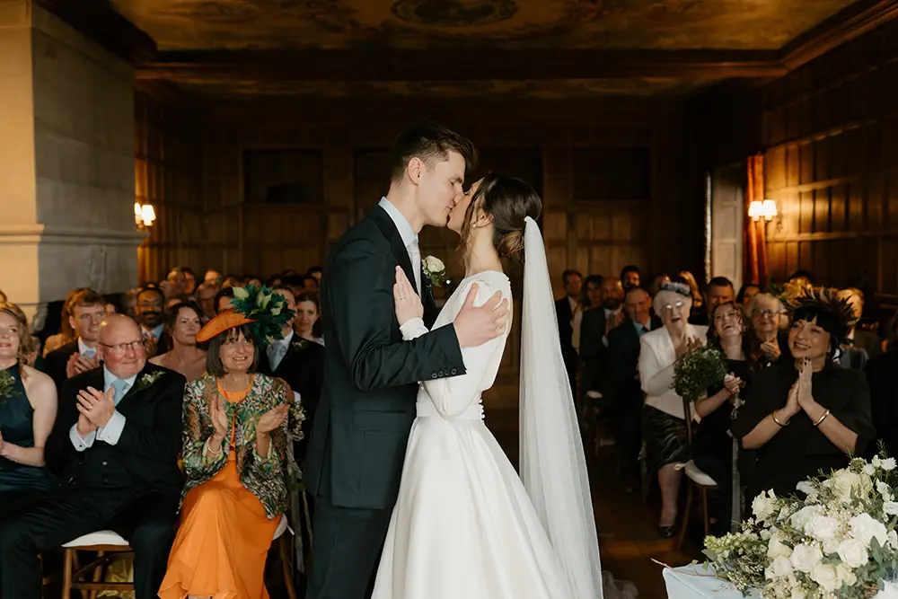 INTIMATE Ruby & Alex, bride & groom, guests, ceremony, west wing ceremony room, ceiling mural, @RachelWoodPhotography copy