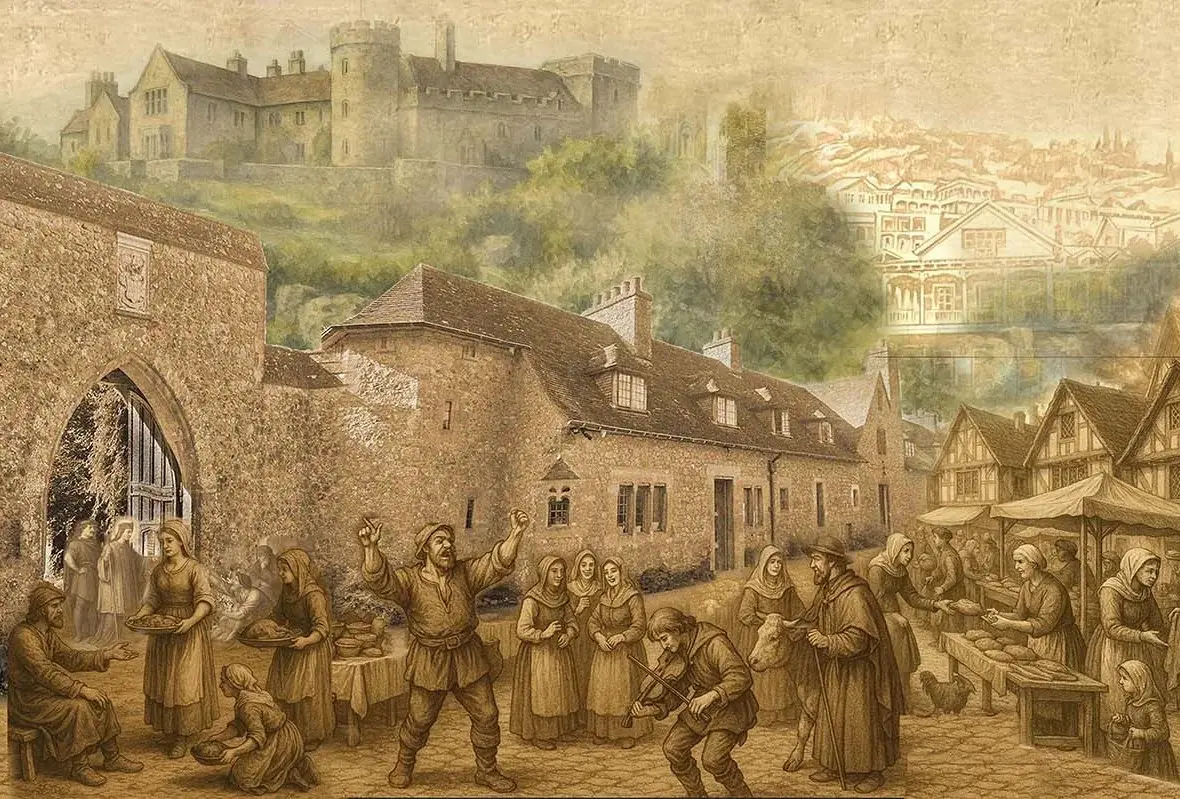 Market day below the castle — Lympne Castle, Created 21st c. (depicts c. 1360-1500)