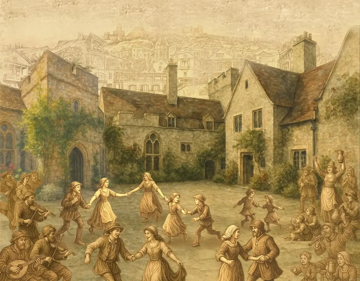 Dancing in the courtyard — Lympne Castle, Created 21st c. (depicts c. 1500s)