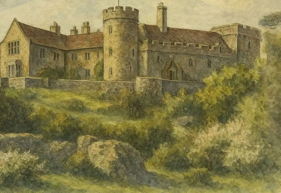 Watercolour of the restored castle — Lympne Castle, c. 1912-1960 (20th c.)