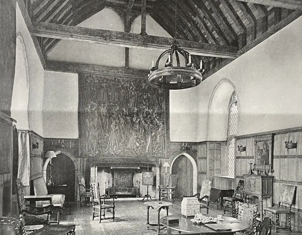 The Great Hall, restored (b&w) — Lympne Castle, c. 1910
