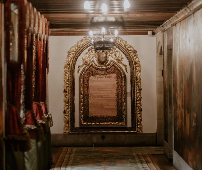 West wing hallway with the new mural, curtains and rug